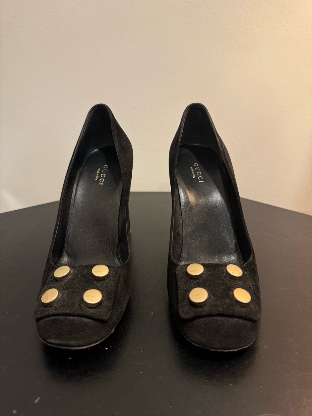Gucci Vintage Black Suede Block Heels with Gold Button Detail - Picture 3 of 10